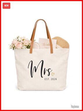 Bridal Shower Tote Bag Canvas Faux Leather Handles Recessed Zipper Mrs Est 2026